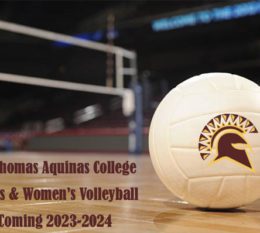 volleyball with spartan head in maroon and gold on ball with text st. thomas aquinas college mens and womens volleyball coming 2023-2024 with net in background