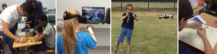 Collage of young students at STEAm camp using VR goggles, building robot car, flying drone outside on front lawn, and drawing art on paper