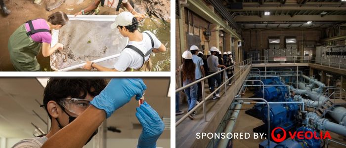 Collage of STEM Exploration summer program with image of students touring Veolia facility, looking at specimens in water and studying samples in lab wearing goggles. Veolia logo sponsored by.