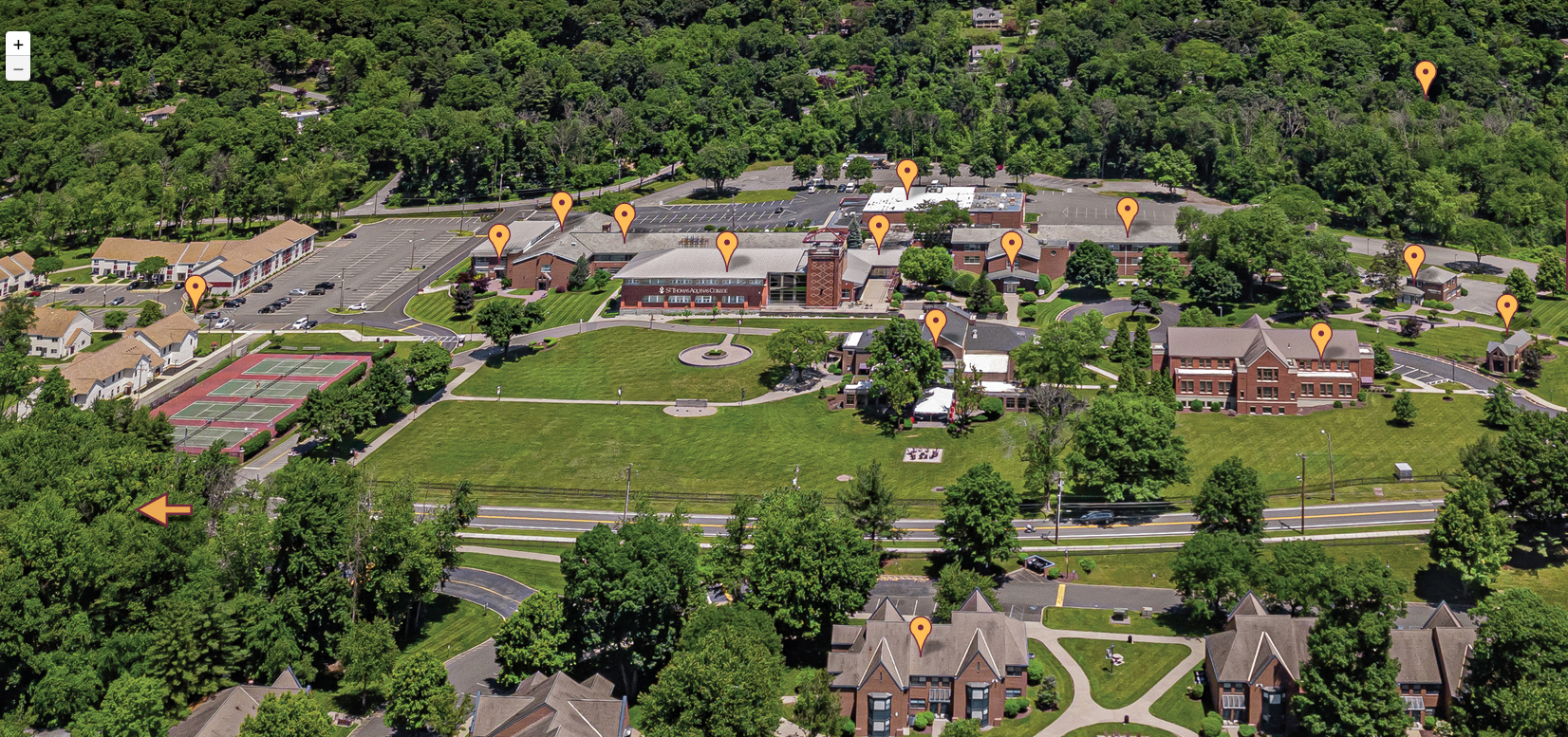 Aerial photo of the campus with building markers.