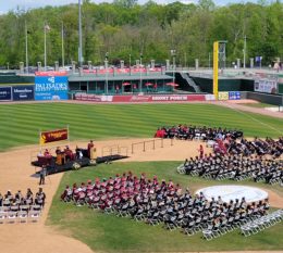 aerial image of commencement on field