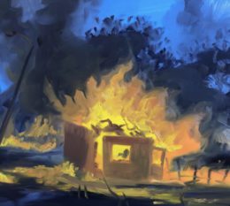 Painting of a burning house at night
