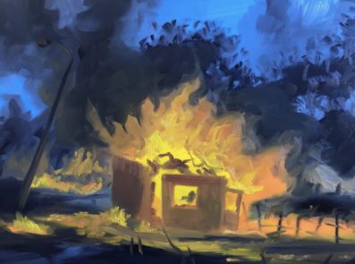 Painting of a burning house at night