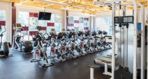 Fitness center with stationary bikes lined up