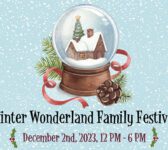 Winter Wonderland Family Festival 12/2/23 12-6pm image of snow globe with house tree and snow