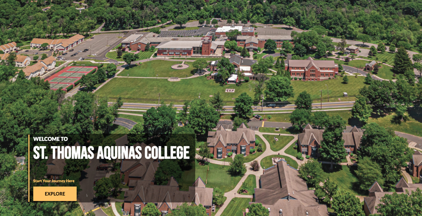 Ariel View of St. Thomas Aquinas Campus with Welcome Message and Start Your Journey Here - EXPLORE