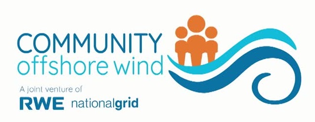 community offshore wind logo blue text a joint venture of RWE and National Grid and illustration of 3 people in orange