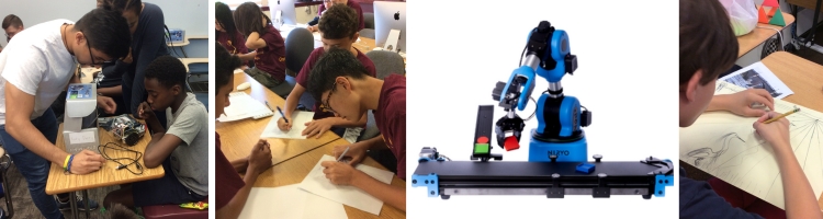 A mix of Middle School students attending St.Thomas Aquinas's Summer STEAM camps, four separate images from left to right: 1- Interacting with a professor in a science lab, 2-Students working on a team project, 3-a robotics arm, and 4-drawing art on paper