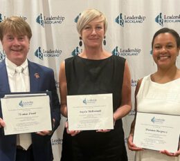 Thomas Flood, Angela McDonnell, and Shannon Hargrove smiling with Leadership Rockland certificates in hand