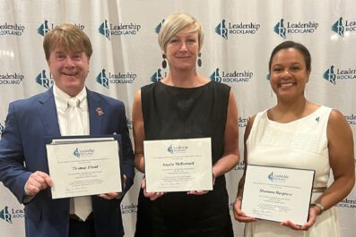 Thomas Flood, Angela McDonnell, and Shannon Hargrove smiling with Leadership Rockland certificates in hand