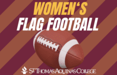 Women's Flag Football graphic with maroon and gold background