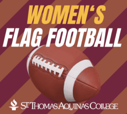 Women's Flag Football graphic with maroon and gold background