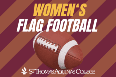 Women's Flag Football graphic with maroon and gold background