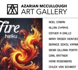 Faire/Haiku image of swirling illustrative flames - date of 11/18-1/5 with reception on 12/7 from 1-4pm azarian mccullough art gallery